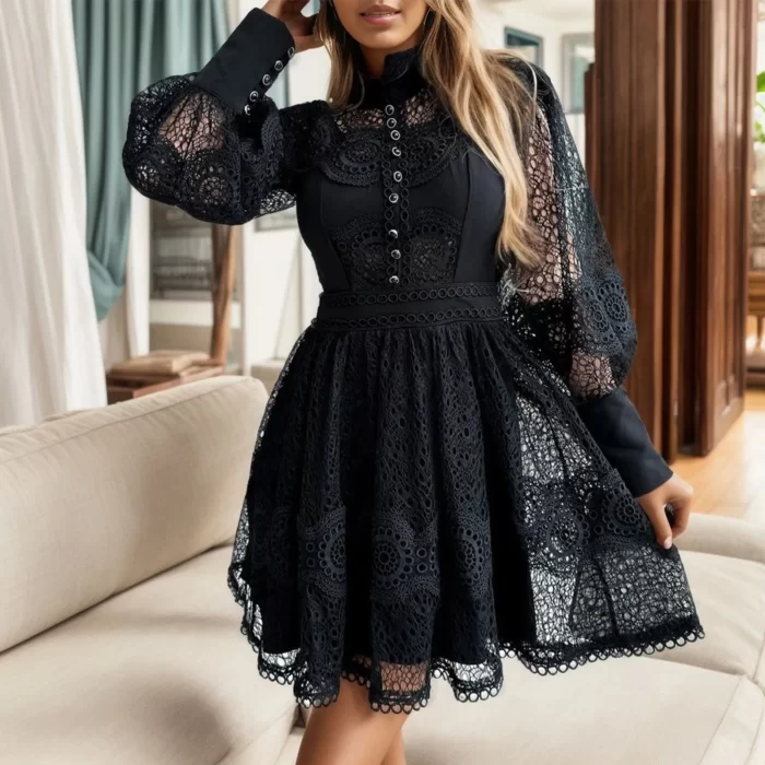 Hollow Out Lace Summer Dresses Sexy Long Sleeve Back Zipper Dresses