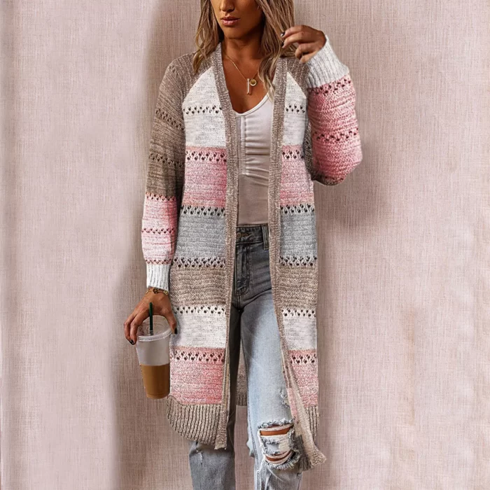 Stylish Knit Cardigan Women Cardigan Autumn Winter Comfy Stitching Long Sleeve Sweater Casual Long Cardigan Loose Casual Sweater