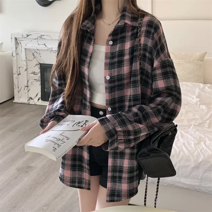 Women Tartan Shirt Long Sleeve Collared Button Up Oversized Plaid Shirt