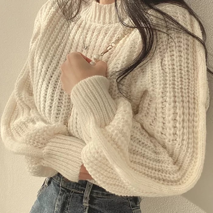 Korean Autumn Winter Knitwear Soft Warm Tops Chic Solid Femme Sweater