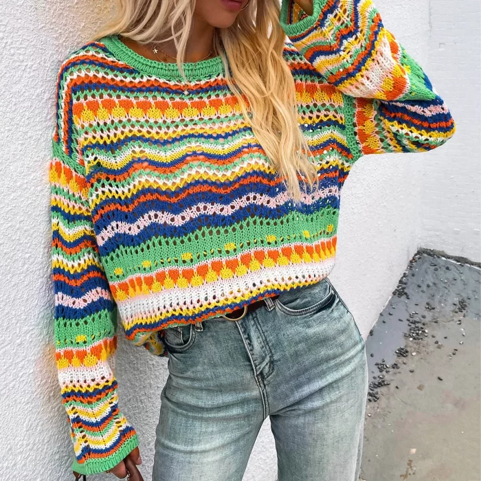 Loose Knit Patchwork Color Block Long Sleeve Crochet Pullover Sweater