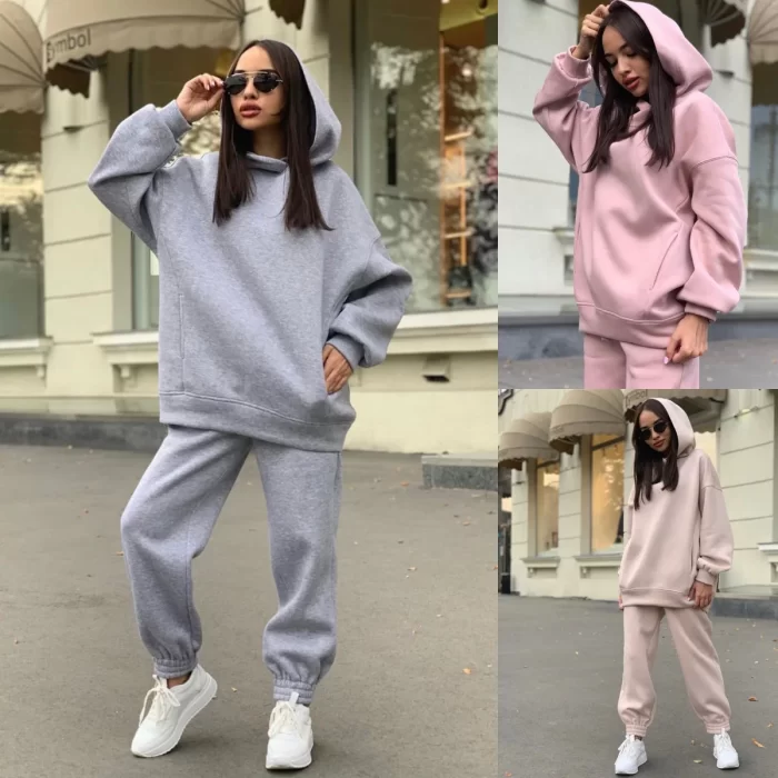 Elegant Oversized Hoodie & Long Pants, Warm Solid Color Tracksuit for Autumn & Winter